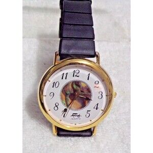 faberge Vintage Pearl Luster Watch with Black Band and Gold‎ Trim on Face Works